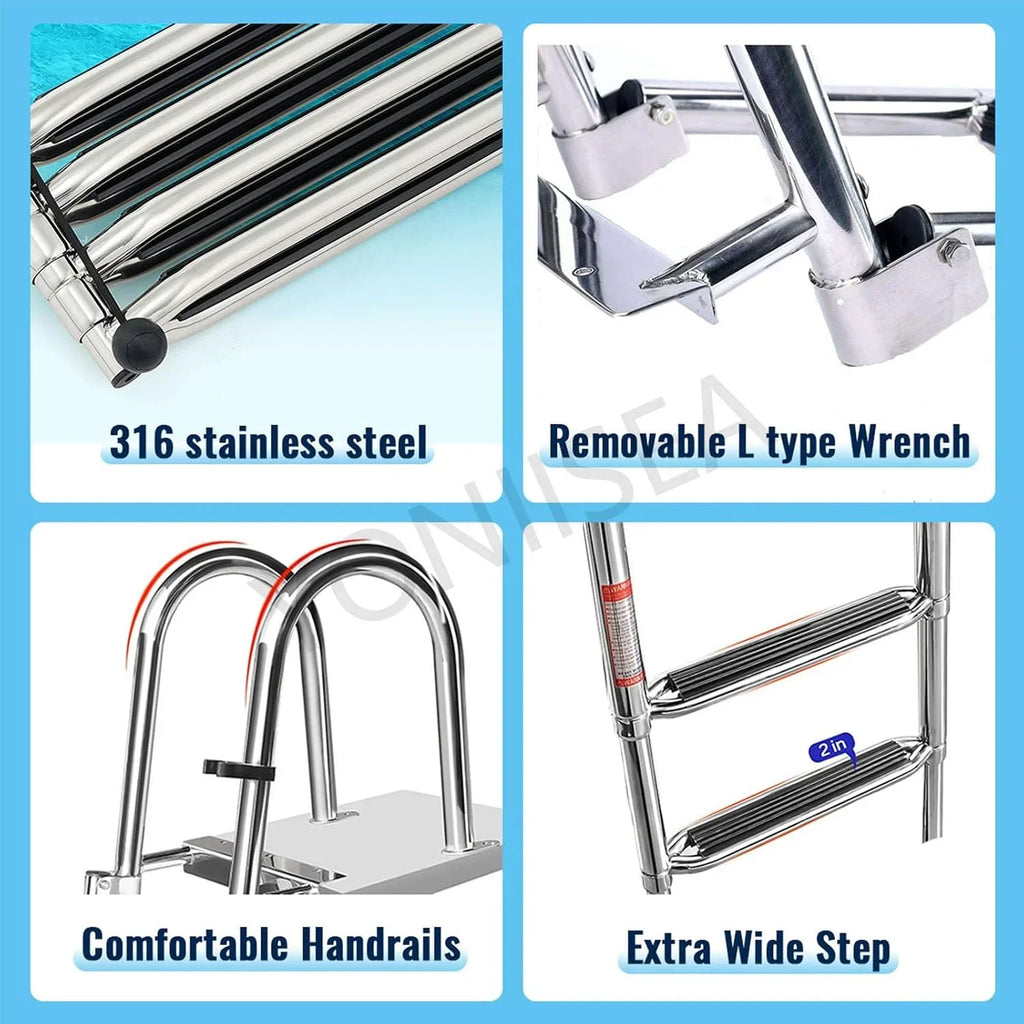 Escalera de piscina de acero inoxidable plegable de 4 peldaños, extensible, altura de piscina de 120-150 cm, peldaños antideslizantes, pasamanos, capacidad de carga de 220 kg
