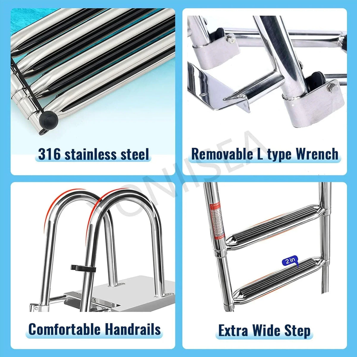 Escalera de piscina de acero inoxidable plegable de 4 peldaños, extensible, altura de piscina de 120-150 cm, peldaños antideslizantes, pasamanos, capacidad de carga de 220 kg