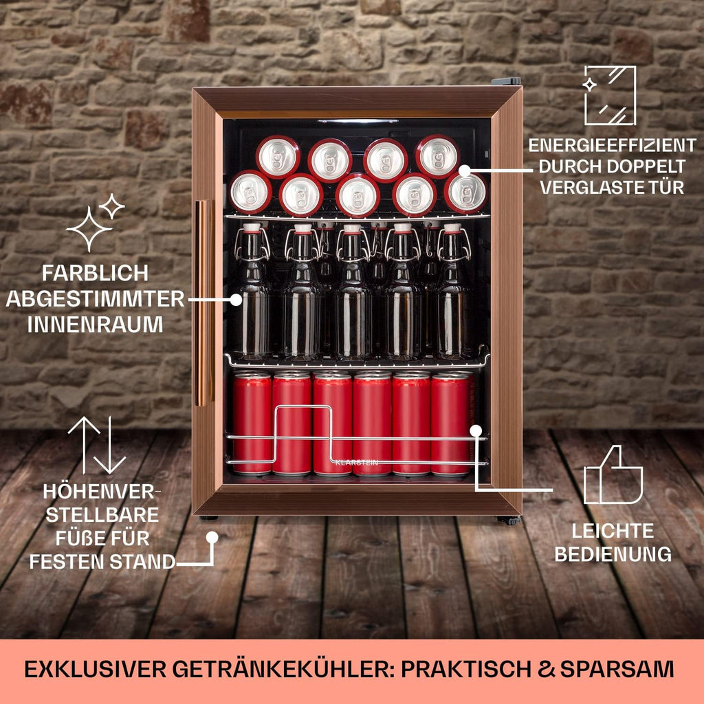 Mininevera Klarstein con puerta de cristal para habitaciones, refrigerador de bebidas con estantes ajustables, pequeño de 80 litros, frigorífico silencioso para interiores/exteriores