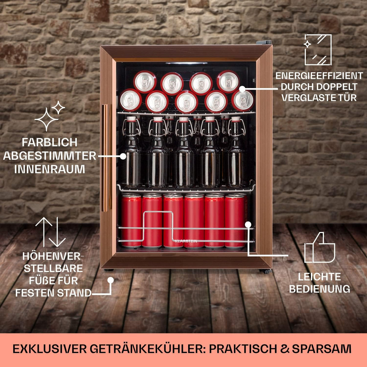 Mininevera Klarstein con puerta de cristal para habitaciones, refrigerador de bebidas con estantes ajustables, pequeño de 80 litros, frigorífico silencioso para interiores/exteriores