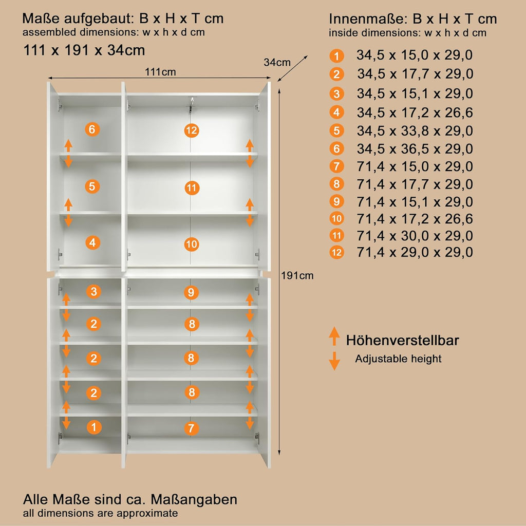 trendteam smart living - Nevada - Armario multiusos - Blanco - Armario con 6 puertas, 12 estantes y 1 barra para ropa - (AnxAlxPr) 111 x 191 x 34 cm - puertas sin tiradores