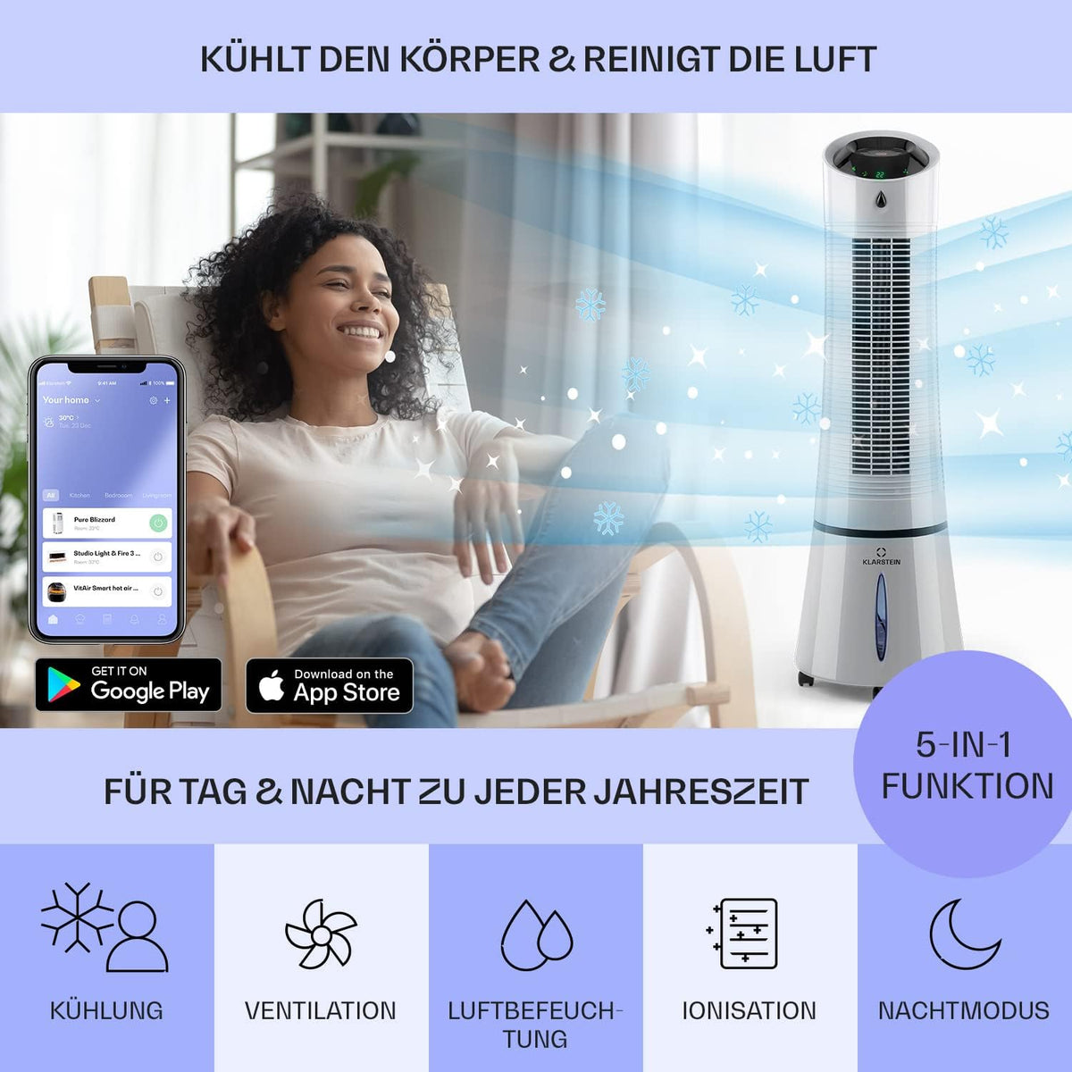 Klarstein 4 en 1: Enfriador de aire inteligente, ventilador, humidificador e ionizador I Depósito de agua de 6 L, oscilación, 30 W, 210 m³/h, temporizador I Aire acondicionado sin tubo de escape, aire acondicionado portátil, negro-oro rosa