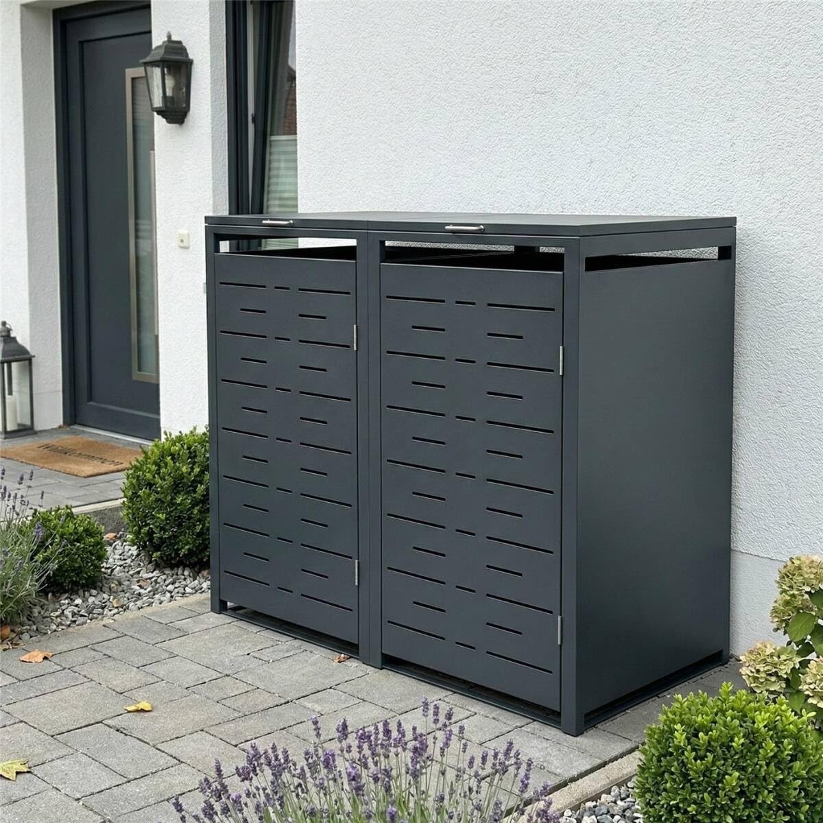 Cobertizo para 2 cubos de basura Metzler de 240 l, color antracita con diseño de líneas horizontales, revestimiento metálico para 2 cubos, bloqueable, dos cobertizos con recubrimiento en polvo y tapa automática | Nexus