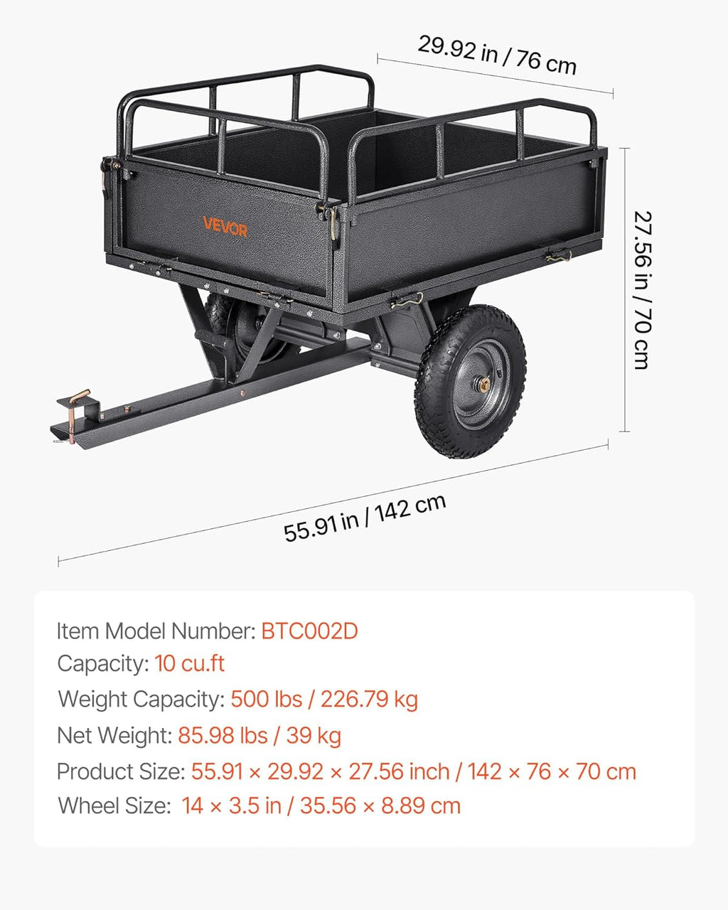 VEVOR Remolque Basculante, 283 L, Remolque de Jardín de Acero para Tractor Cortacésped, Capacidad de Carga 226,8 kg, con Neumáticos de 35,56 cm, Carrito de Transporte con Volquete para ATV, UTV