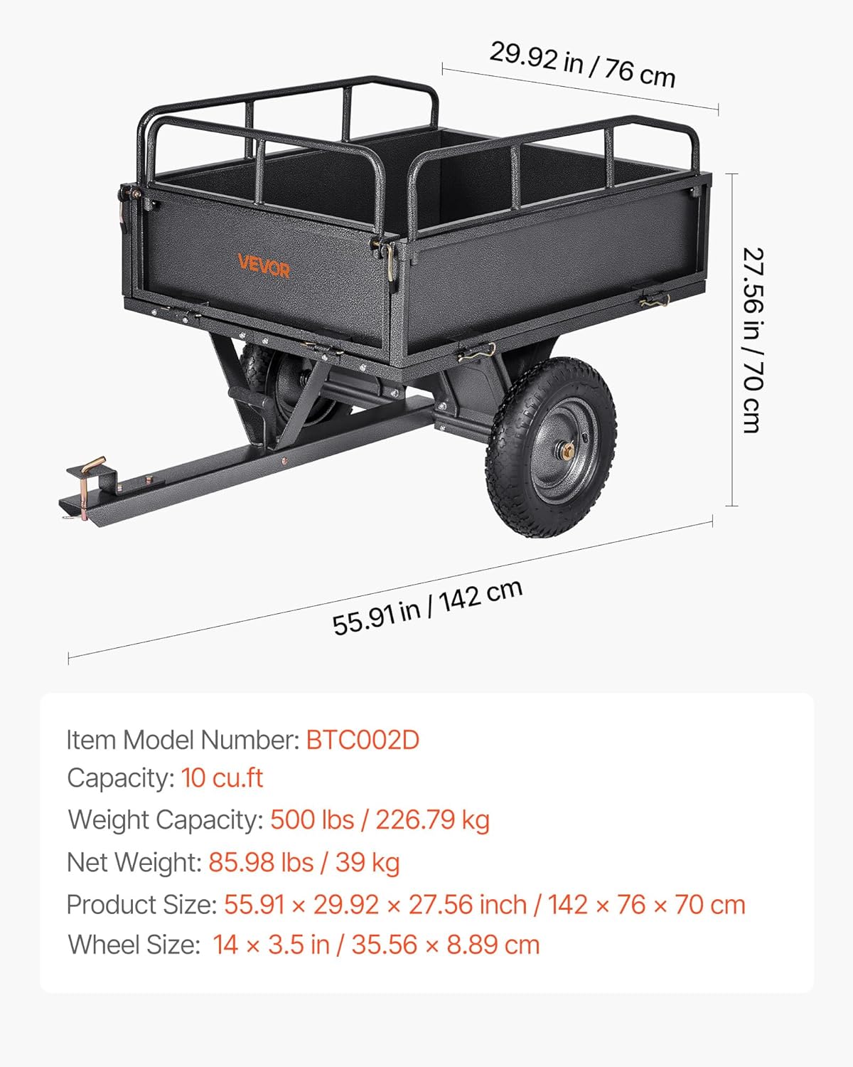 VEVOR Remolque Basculante, 283 L, Remolque de Jardín de Acero para Tractor Cortacésped, Capacidad de Carga 226,8 kg, con Neumáticos de 35,56 cm, Carrito de Transporte con Volquete para ATV, UTV