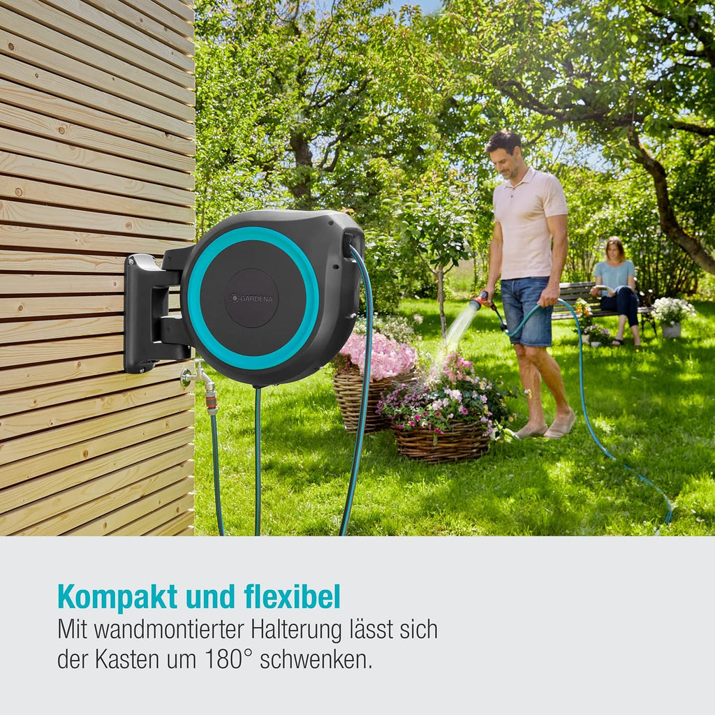 Caja portamanguera de pared Gardena RollUp XL (turquesa) 35 m: riego flexible para jardines grandes, caja portamanguera orientable, incluye manguera de calidad Gardena de 35 m y accesorios de montaje (18630-20)