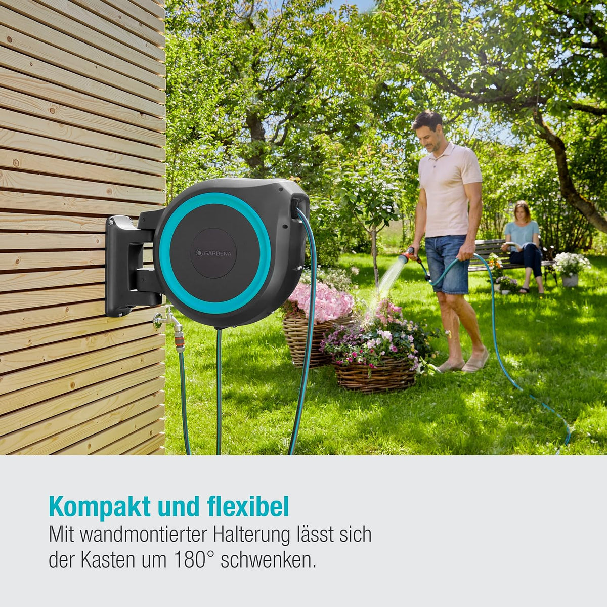 Caja portamanguera de pared Gardena RollUp XL (turquesa) 35 m: riego flexible para jardines grandes, caja portamanguera orientable, incluye manguera de calidad Gardena de 35 m y accesorios de montaje (18630-20)