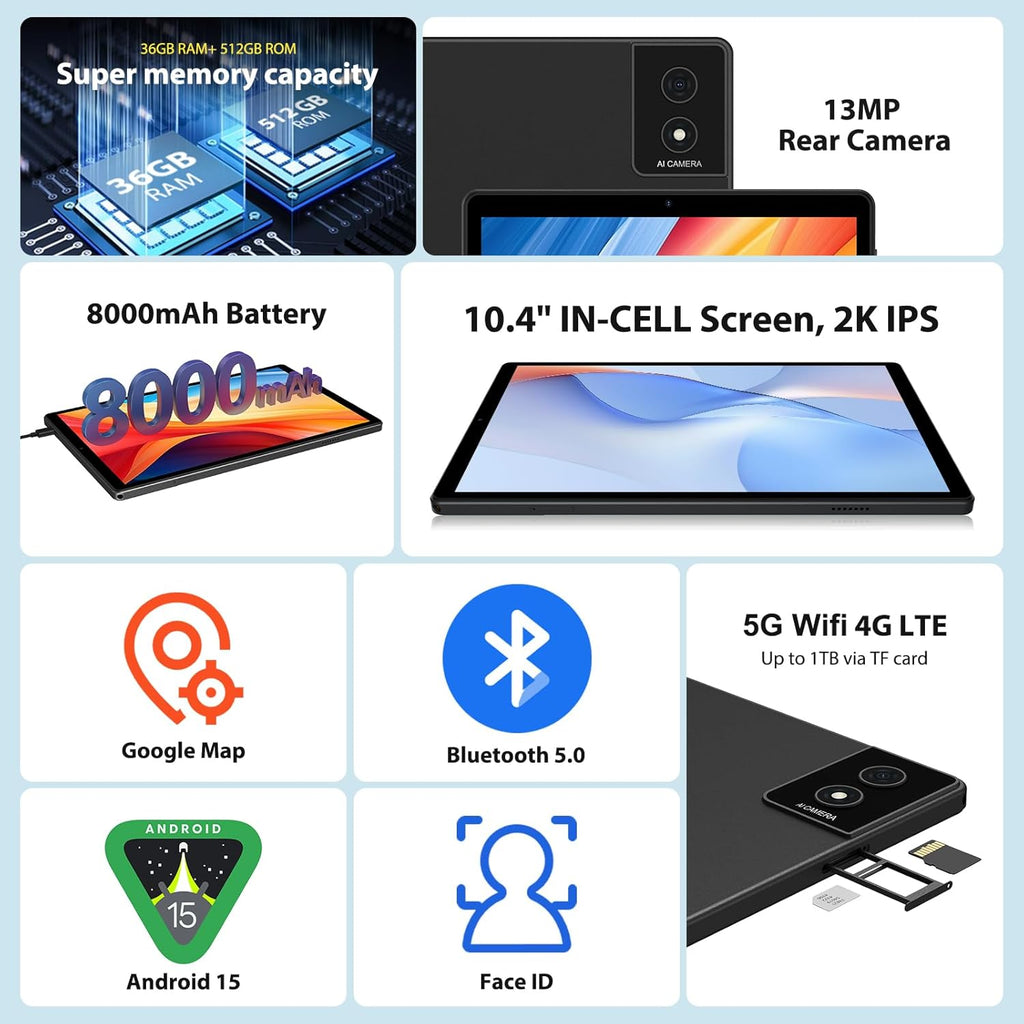 Tableta Android 15 de 10,4 pulgadas, 4G LTE y WiFi 5G, Octa-Core, 36 GB RAM + 512 GB ROM (1 TB TF), pantalla FHD 2K 2000x1200, Widevine L1/GMS/GPS/8+13 MP/batería de 8000 mAh con teclado y ratón (negro)