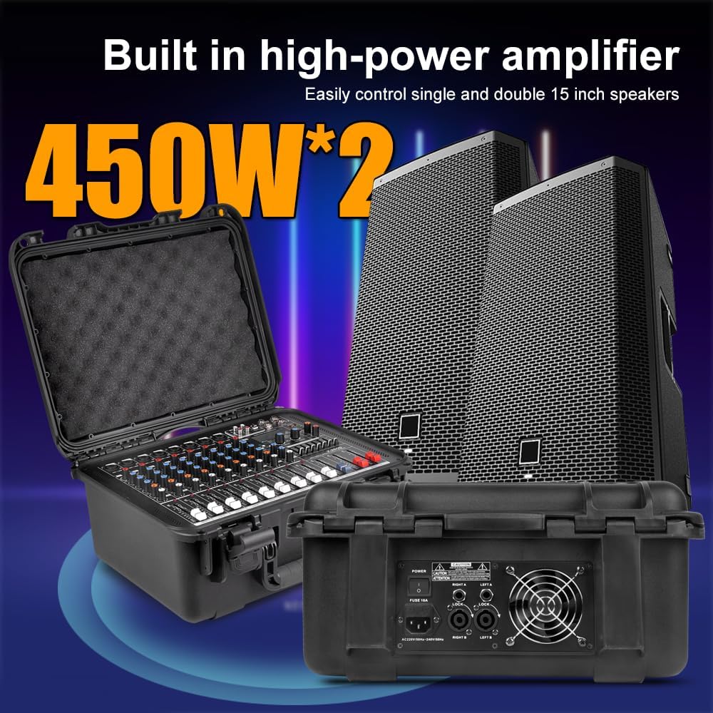 Mesa de mezclas autoamplificada profesional de 8 canales X-960D con amplificador de alta potencia, consola de sonido todo en uno para altavoces pasivos de 15", 99 efectos DSP, ecualizador gráfico de 7 bandas, Bluetooth/USB, alimentación phantom de 48 V