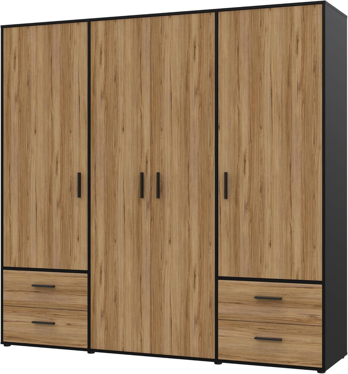 Armario FORTE Jupiter 200 210, armario ropero, armario de puertas batientes, 4 puertas, con 4 cajones y estantes, negro con decoración de madera: roble Catania, 206 cm de ancho x 53 cm de profundidad x 200 cm de alto