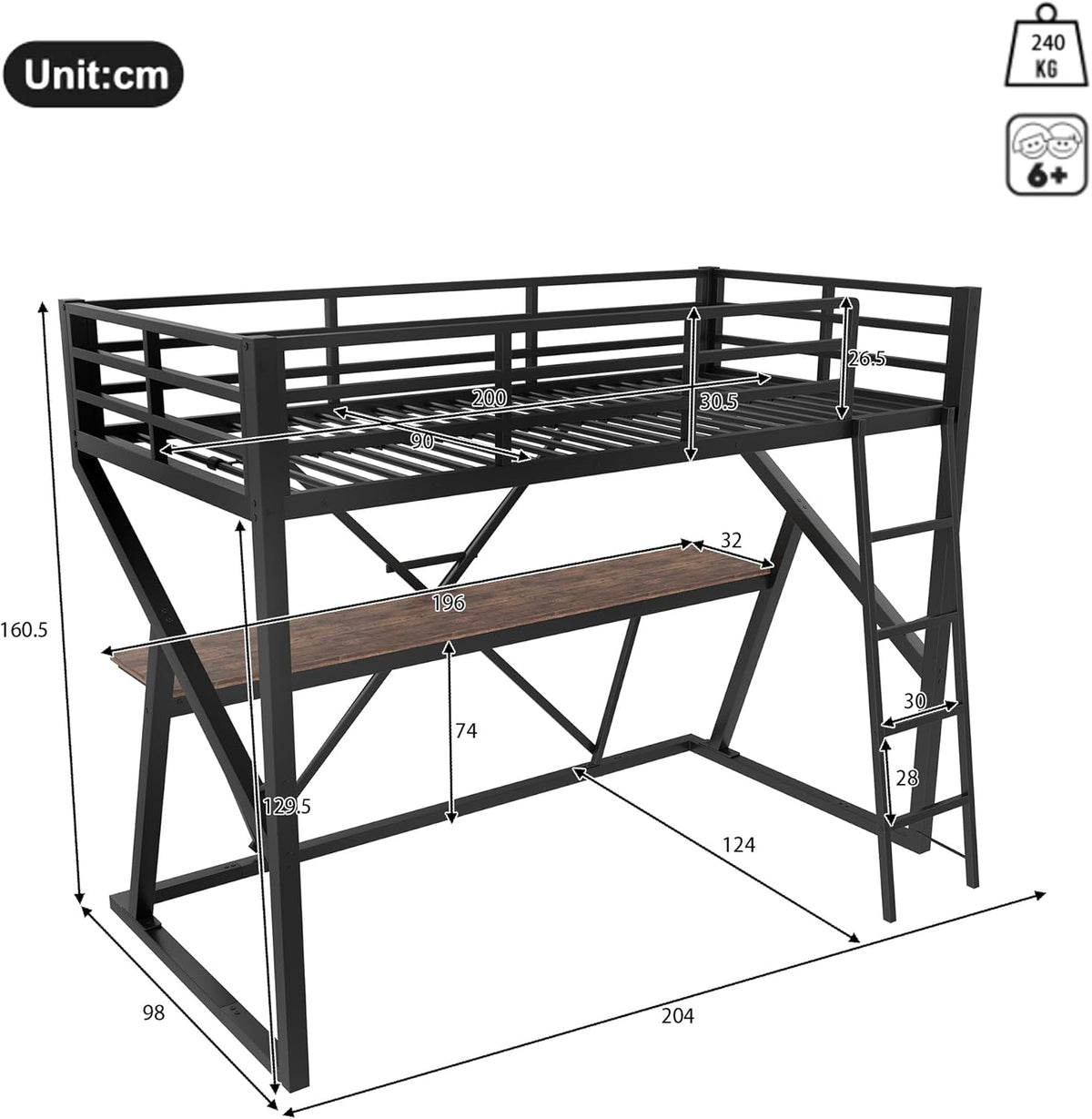 Cama alta infantil 90x200 cm, litera, cama de metal con tira LED, escritorio y escalera, cama individual juvenil, cama multifuncional, estructura de cama con protección anticaídas y somier, sin colchón, negro