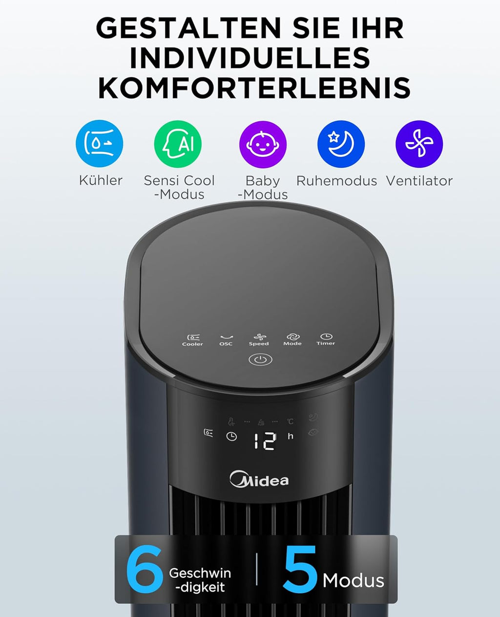 Enfriador de aire Midea Sensicool con refrigeración por agua de 7L | Aire acondicionado portátil sin tubo de escape | Ventilador con refrigeración por agua | Enfriador evaporativo de 2000 m³/h, 6 velocidades, pantalla táctil (azul)