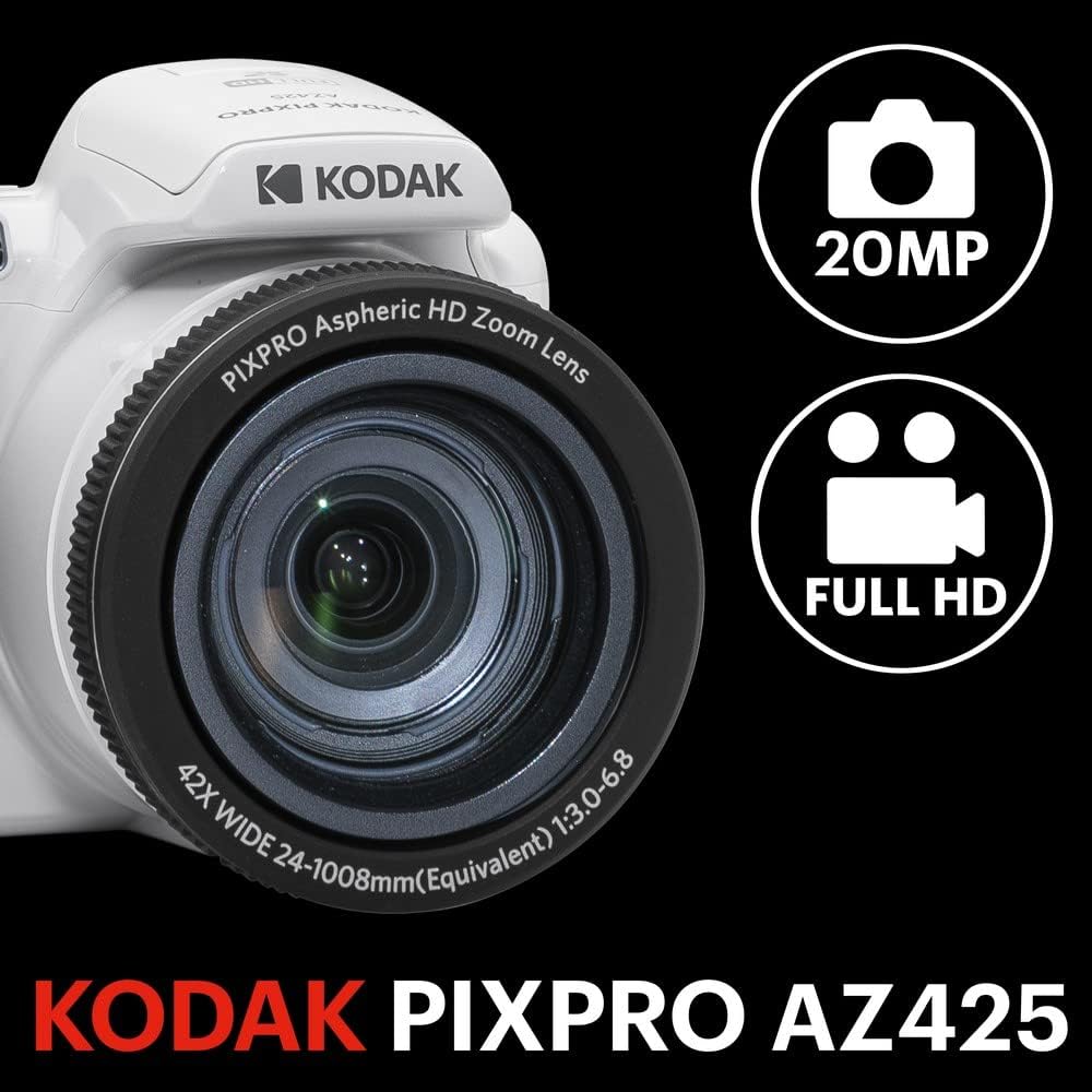 KODAK Pixpro Astro Zoom AZ425 - Cámara digital tipo bridge, zoom óptico de 42X, gran angular de 24 mm, 20 megapíxeles, pantalla LCD de 3", vídeo Full HD 1080p, batería de iones de litio - Blanco