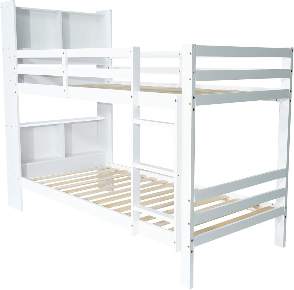 Cama infantil de 90x200 con estantes y escalera, cama funcional litera para 2 niños, litera cama alta juvenil con almacenamiento y somier, cama juvenil con marco de madera maciza, sin colchón, blanca