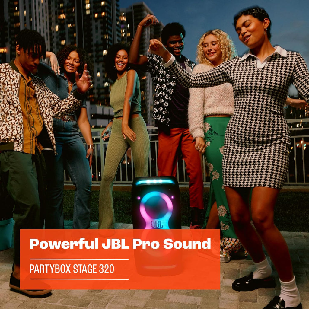 JBL Partybox Stage 120 en negro: altavoz Bluetooth portátil con sonido JBL Pro, espectáculo de luces, refuerzo de sonido con IA y asa telescópica: 12 h de autonomía
