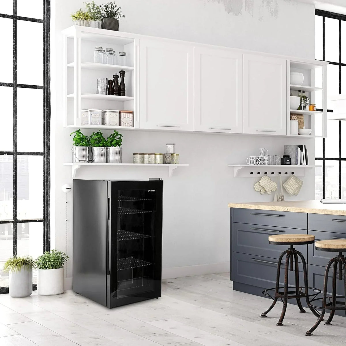 °CUBES Mininevera 90L con puerta de cristal y 4 estantes variables | Nevera compacta para bebidas, perfecta para el hogar, oficina, fiestas y hostelería | Elegante nevera con puerta de cristal, negra