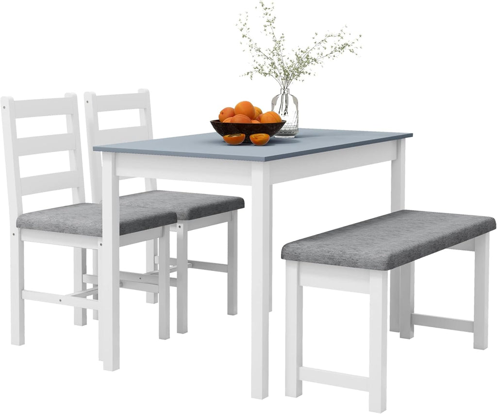 HOMCOM Juego de comedor con mesa, 2 sillas y 1 banco, conjunto de comedor de madera maciza que ahorra espacio, con cojines, set de mesa de cocina para comedor y cocina, gris y blanco