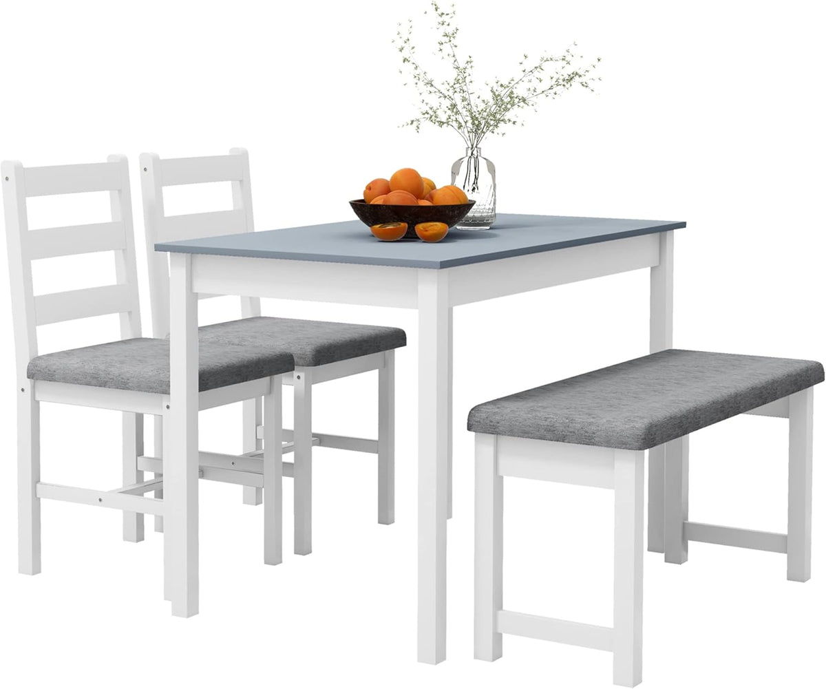 HOMCOM Juego de comedor con mesa, 2 sillas y 1 banco, conjunto de comedor de madera maciza que ahorra espacio, con cojines, set de mesa de cocina para comedor y cocina, gris y blanco