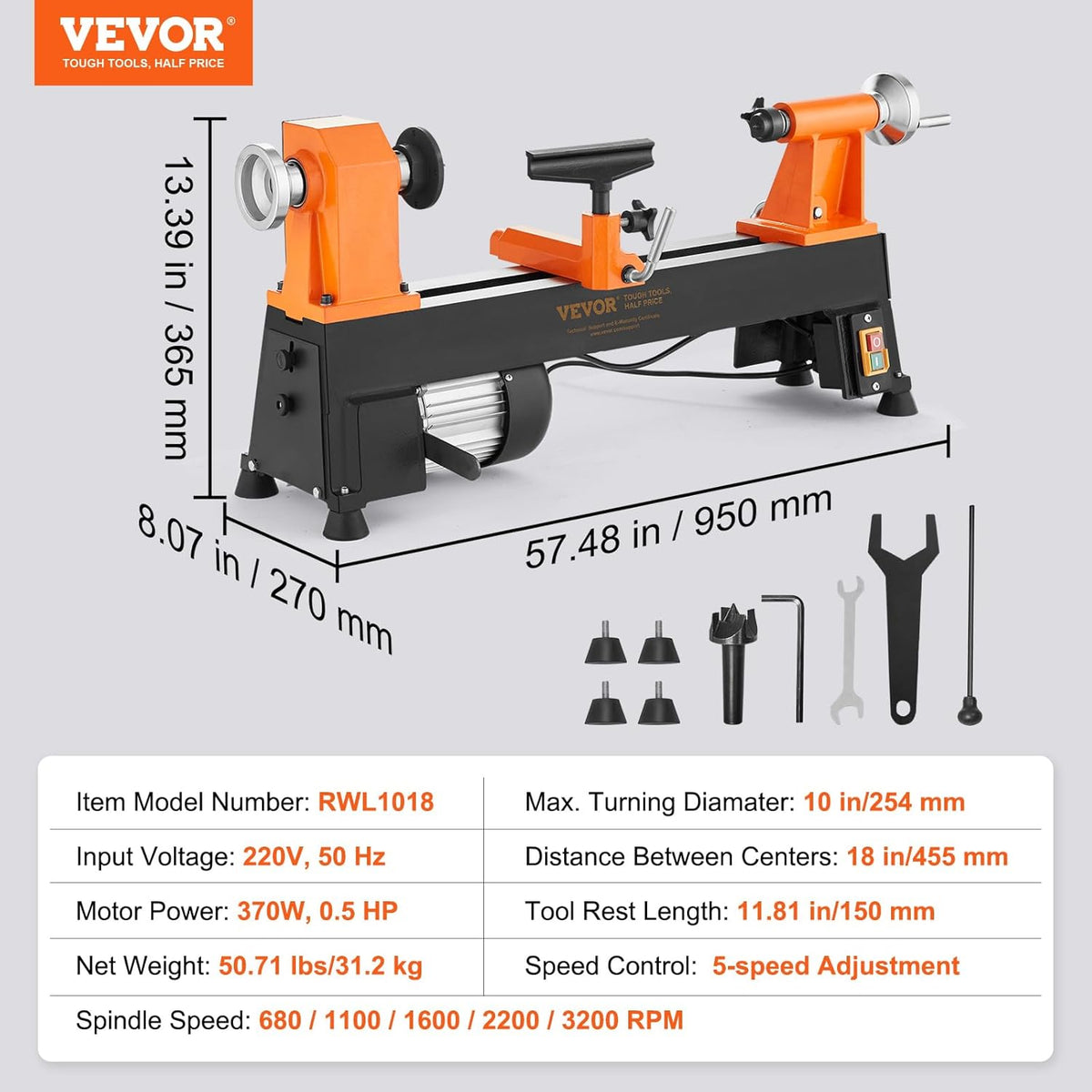 VEVOR Tour à Bois Établi 254x455 mm Tour à Bois Électrique 370 W 0,5 CV 5 Vitesses Réglables 680/1100/1600/2200/3200 tr/min Tige Injection Clés Plaque Patins Outil Rotatif Travail pour Bois Bricolage