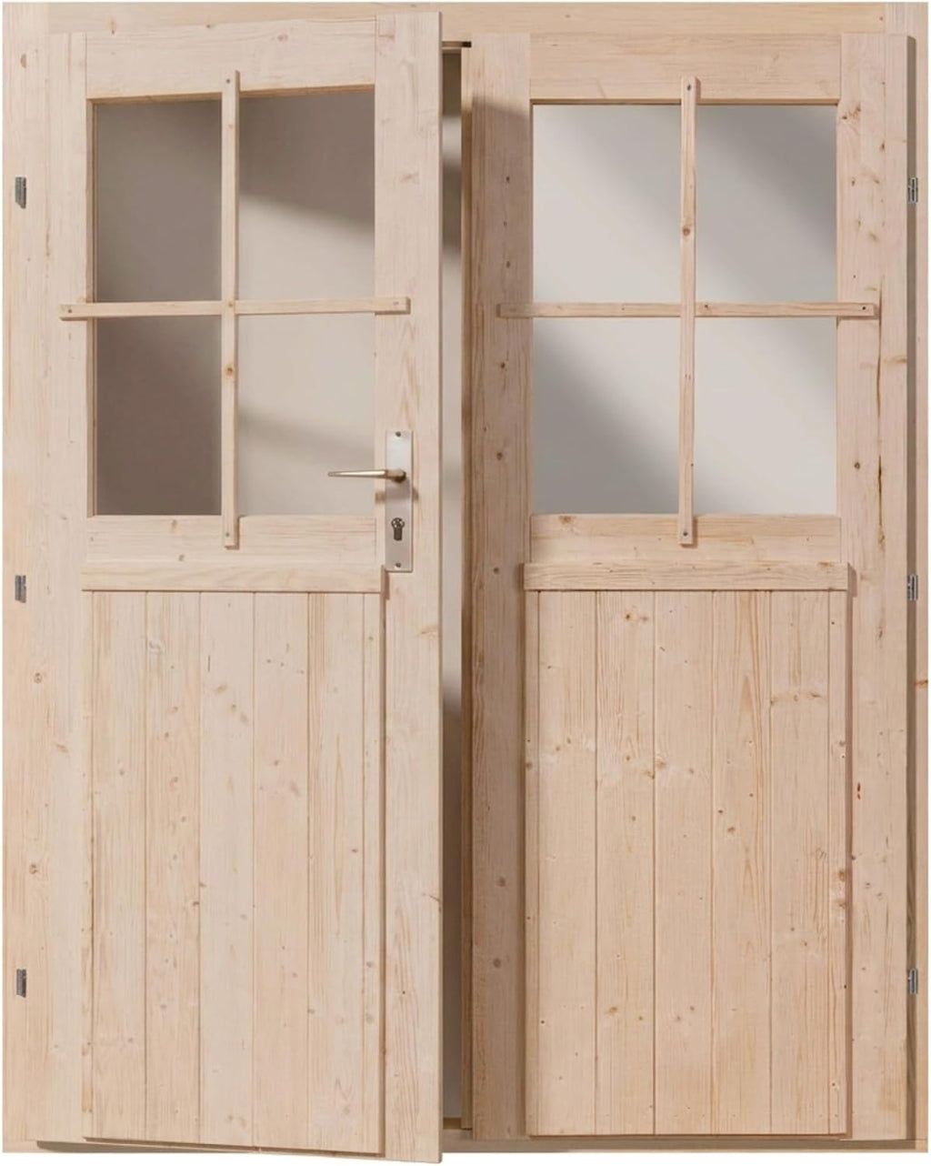 Puerta de madera de abeto nórdico para caseta de jardín, doble hoja, 141x177 cm | Cristal real, incluye juego de manillas y umbral de aluminio, puerta de jardín para cobertizo, puerta exterior de madera para taller