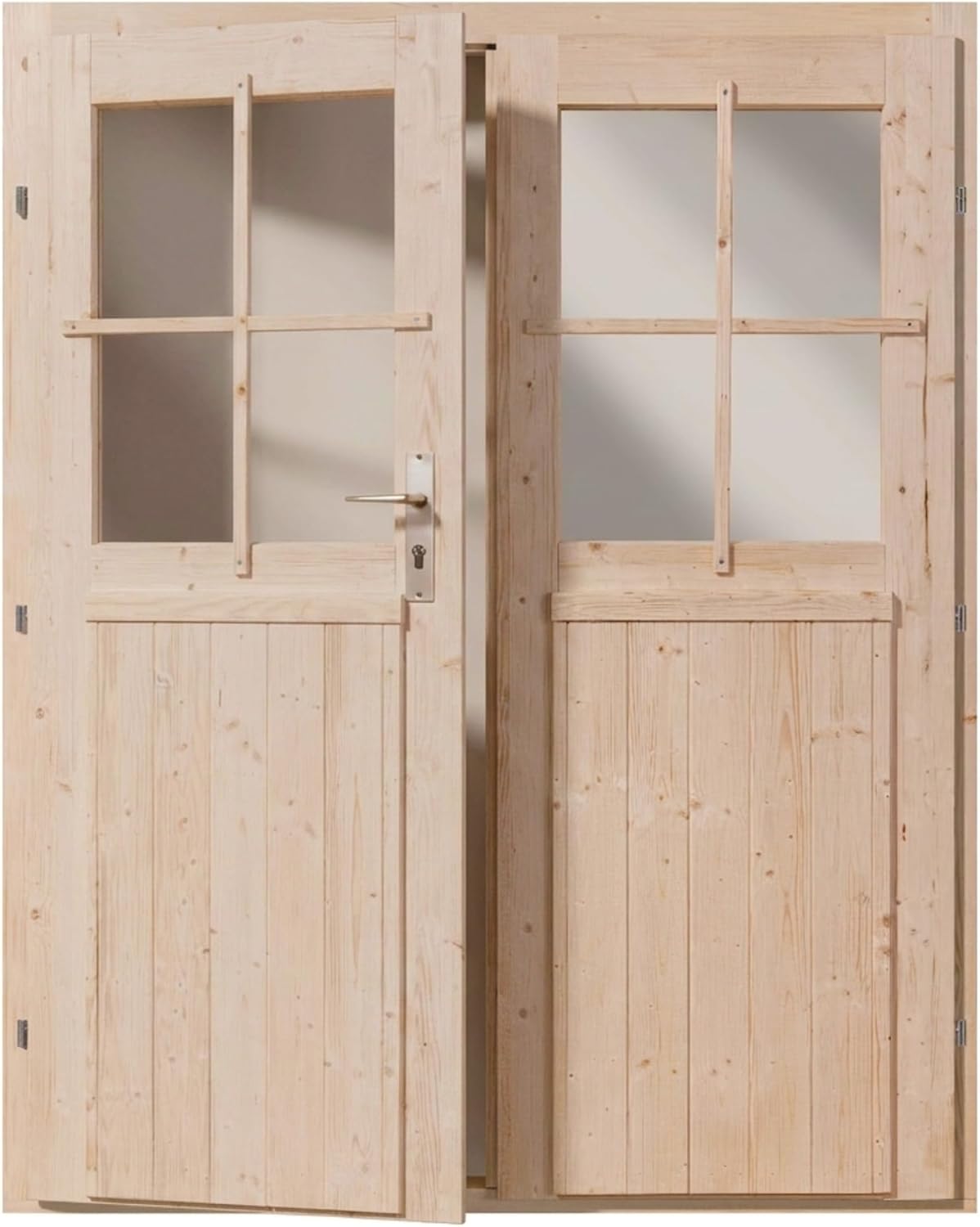 Puerta de madera para caseta de jardín, abeto nórdico, puerta de doble hoja, 141x177 cm | Cristal auténtico, incluye juego de manillas y umbral de aluminio, puerta de caseta de jardín para cobertizo, puerta exterior de madera para taller