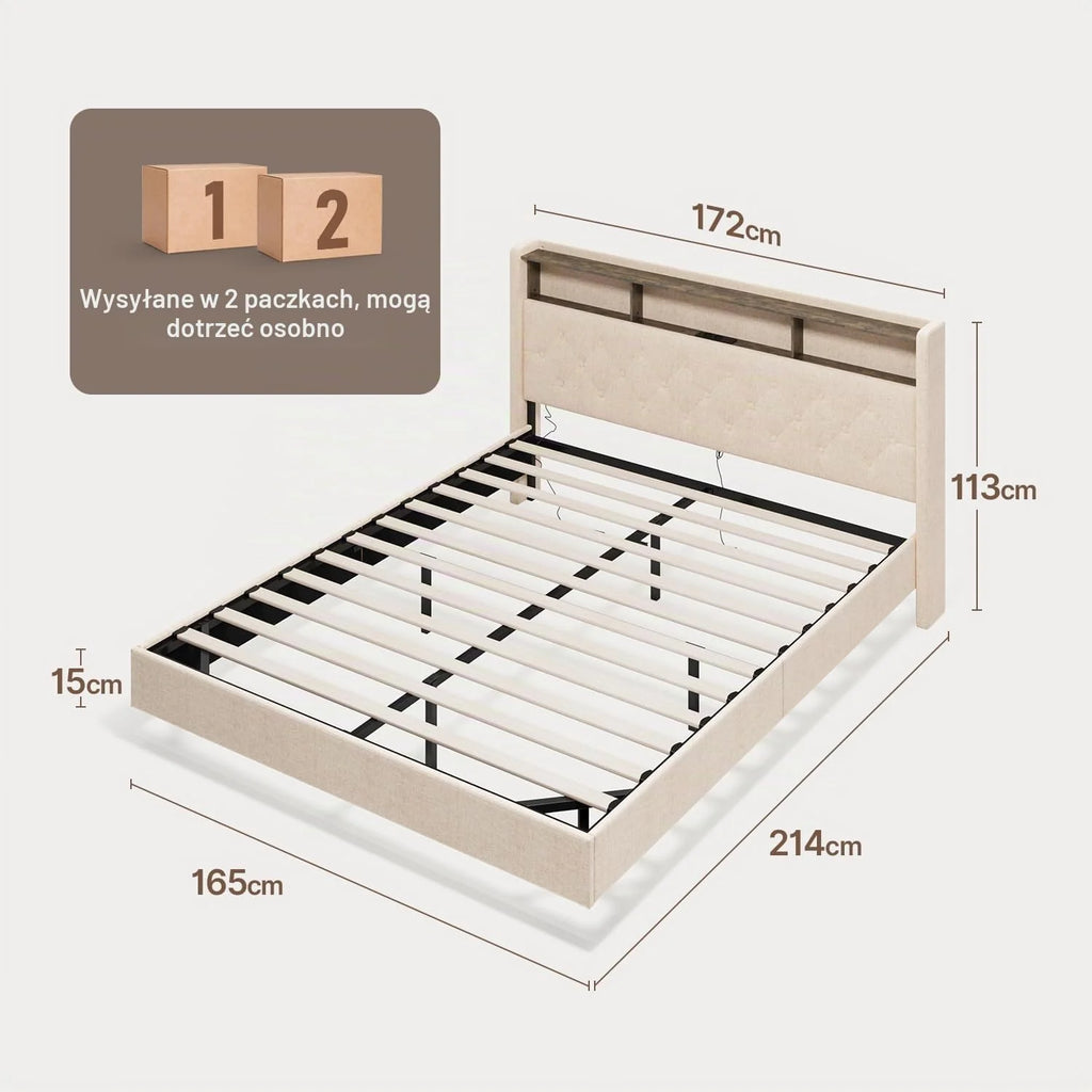 Xbro Łóżko tapicerowane 160 x 200 cm z oświetleniem LED i stacją ładującą (USB/gniazdko), pływający wygląd, tapicerowany zagłówek ze schowkiem, stelaż listewkowy, beżowe (bez materaca)