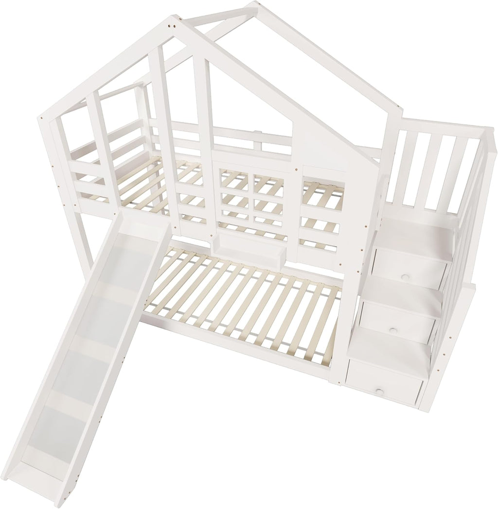 Cama alta infantil Mrwoo de 90 x 200 cm con diseño de casa del árbol, litera para niños estilo ventana con tobogán y protección anticaídas, escalera con almacenaje integrado, somier, blanco (sin colchón)