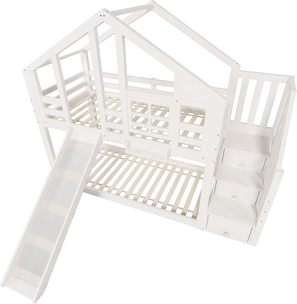 Cama alta infantil Mrwoo de 90 x 200 cm con diseño de casa del árbol, litera para niños estilo ventana con tobogán y protección anticaídas, escalera con almacenaje integrado, somier, blanco (sin colchón)