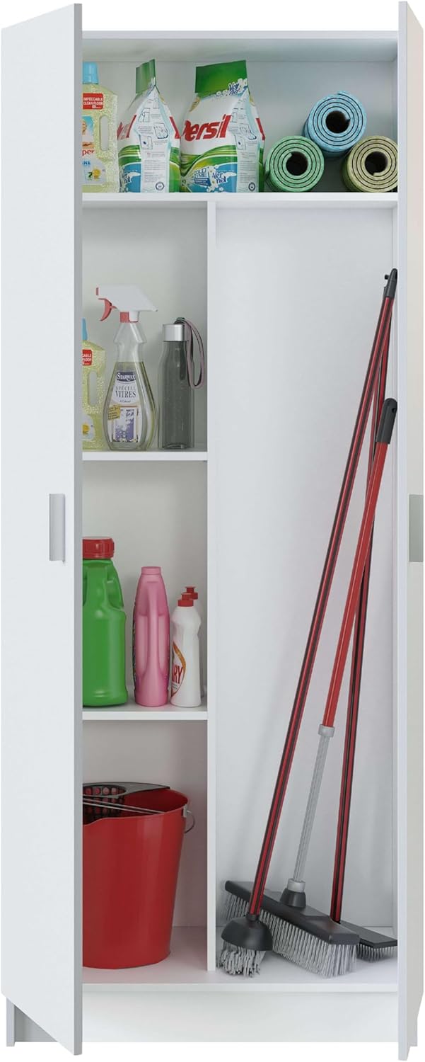 Armario multiusos Habitdesign, modelo escobero de 2 puertas y 3 estantes, 180 x 73 x 37 cm (alto x ancho x fondo), blanco mate