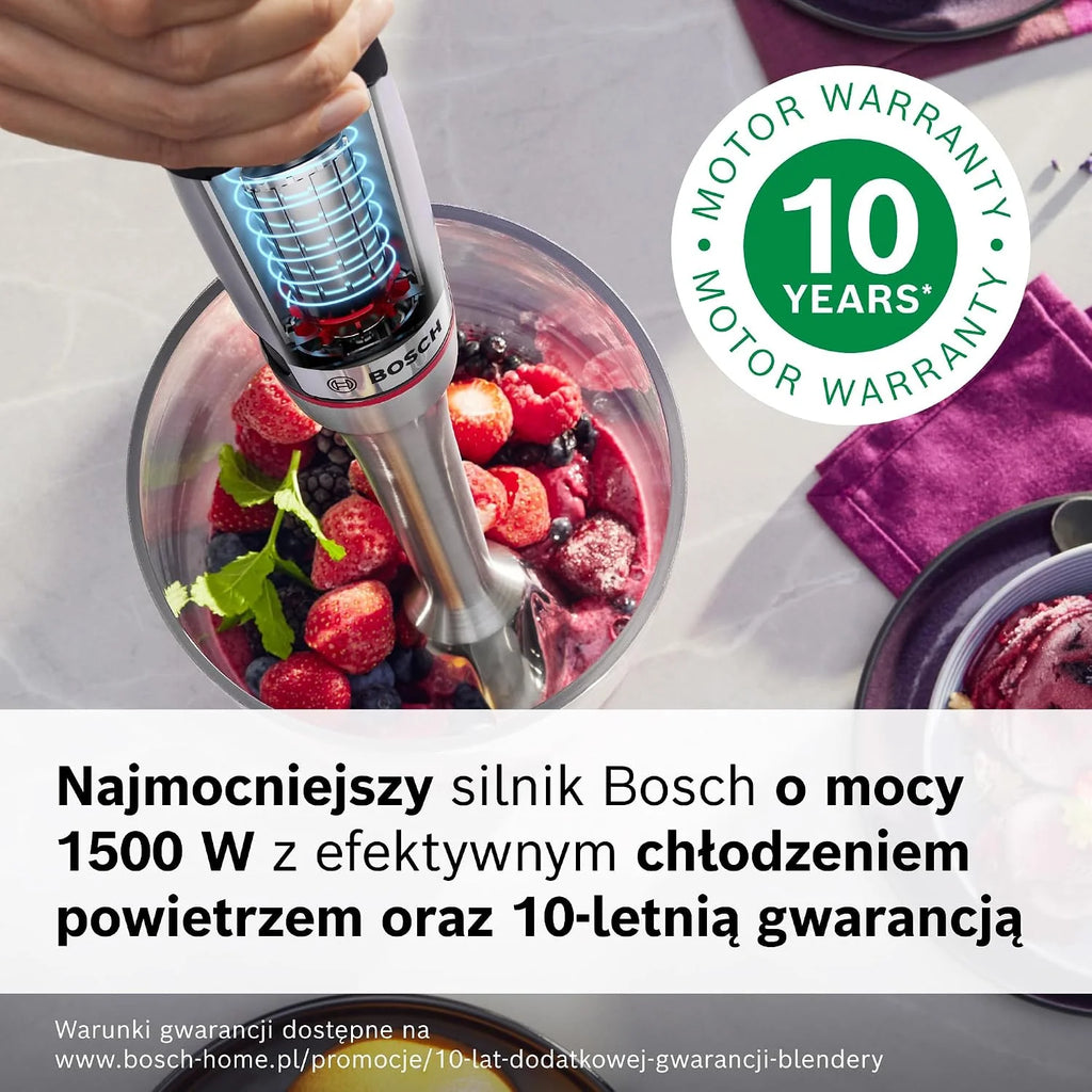 Bosch, blender ręczny, ErgoMaster Serie 8, silnik 1500 W, intuicyjna regulacja prędkości, 6-ramienne ostrze, akcesoria w zestawie, stal nierdzewna, MSM8M930