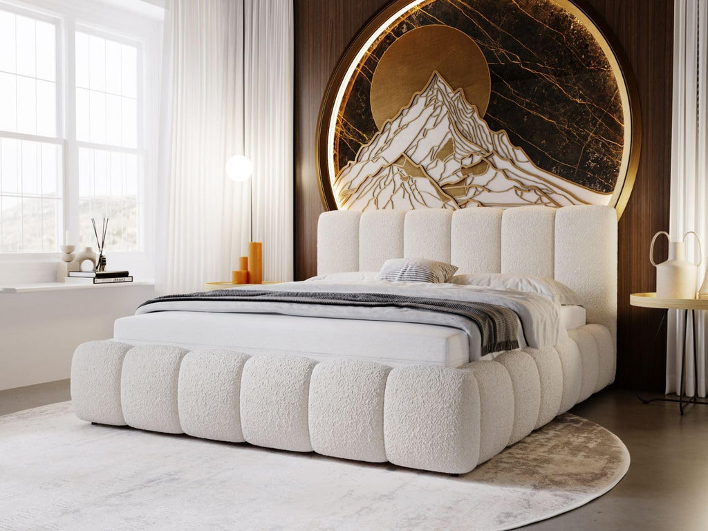 Cama tapizada GRAINGOLD Cloud 180x200 con arcón, cama tapizada con espacio de almacenamiento, tela de bouclé, con somier, con cabecero, sin colchón (beige, 180x200)