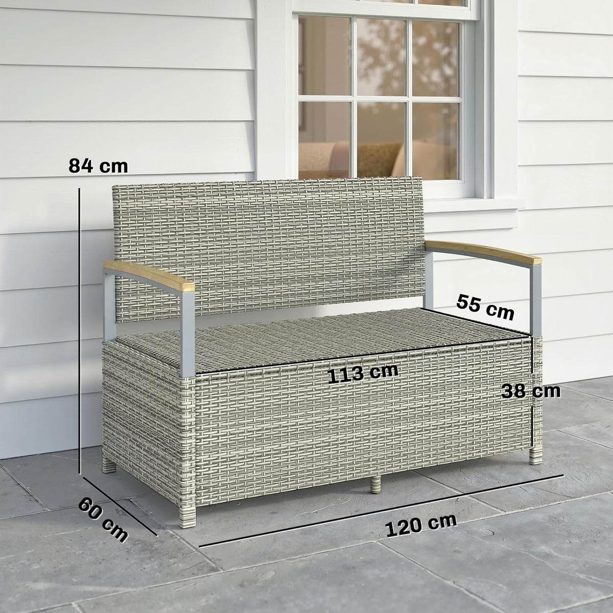 Banco de jardín Outsunny de polirratán, 170 L, banco de 2 plazas con almacenamiento, cojines extraíbles, forro interior con cremallera, reposabrazos de madera de acacia, banco arcón resistente a la intemperie para herramientas, cojín de asiento gris claro