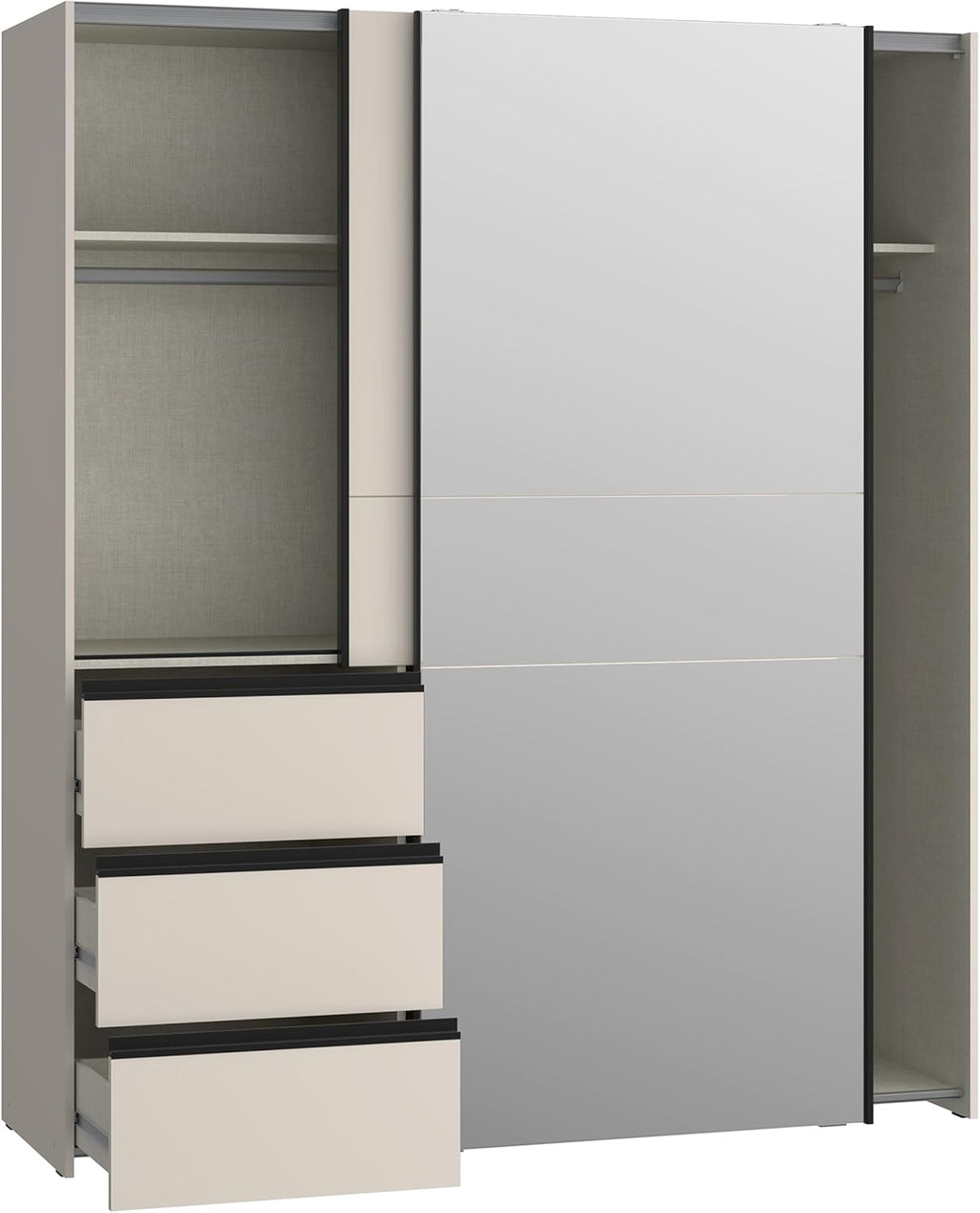 Armario moderno Forte Winn 2 de 170, armario con puertas correderas y espejo, 2 puertas, 3 cajones, madera, cachemira|beige, 170,3 cm de ancho x 200,5 cm de alto x 61,2 cm de fondo