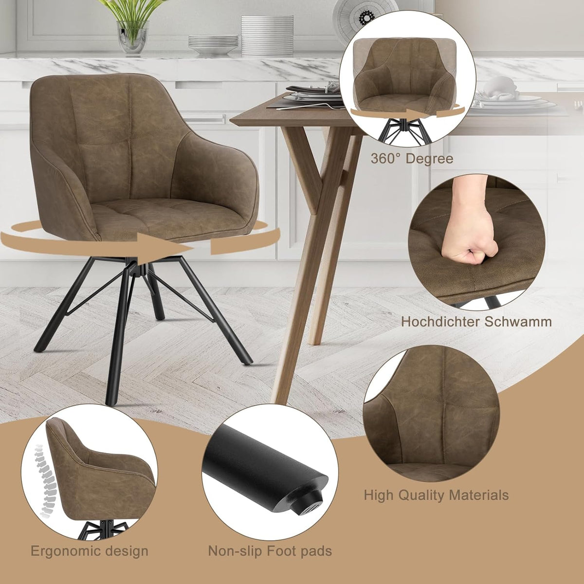 WOLTU Juego de 4 sillas de comedor giratorias, silla de cocina, silla tapizada, silla giratoria, silla cómoda con reposabrazos y respaldo, silla con reposabrazos para comedor y salón, con tapizado de piel sintética, marrón