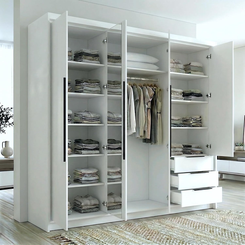 Armario de 4 puertas A und J MöbelLand VIVO con espejo y cajones - 200 x 215 cm - Armario de puertas batientes con barra para ropa y estantes