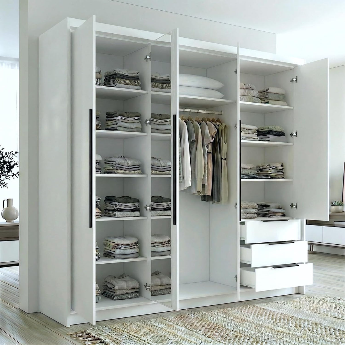Armario de 4 puertas A und J MöbelLand VIVO con espejo y cajones - 200 x 215 cm - Armario de puertas batientes con barra para ropa y estantes