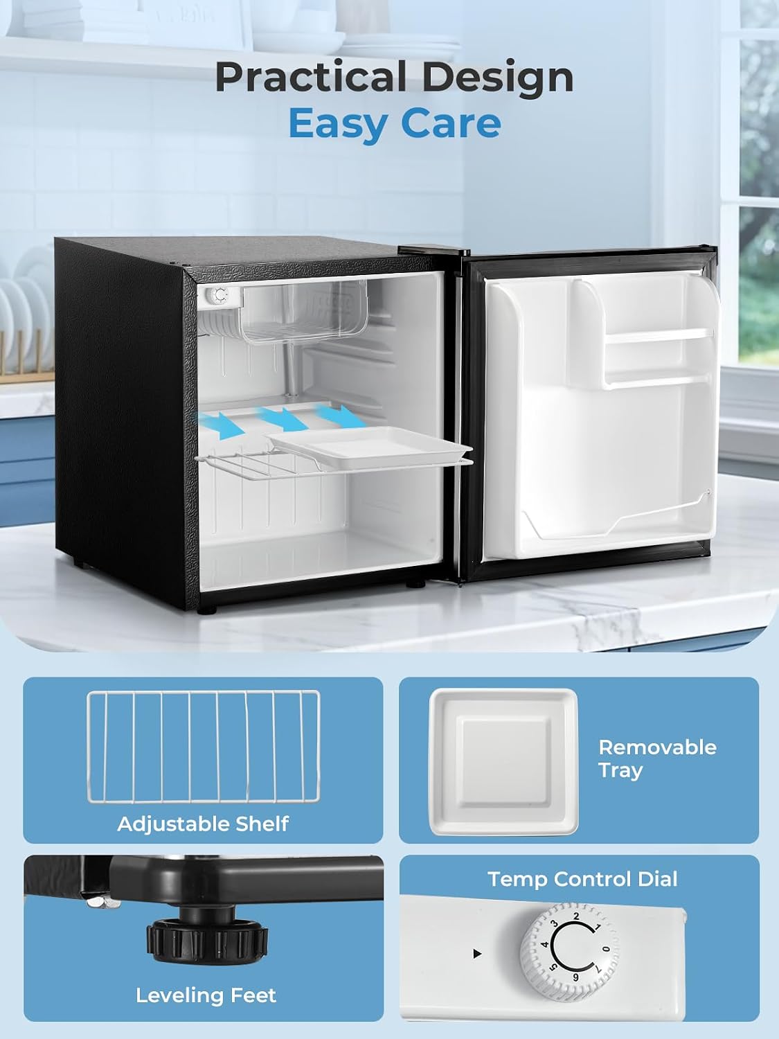 Mininevera FOHERE 46L, frigorífico pequeño con 7 niveles de refrigeración, energéticamente eficiente, supersilencioso, puerta reversible y patas ajustables, para hotel, oficina, apartamentos pequeños, negro