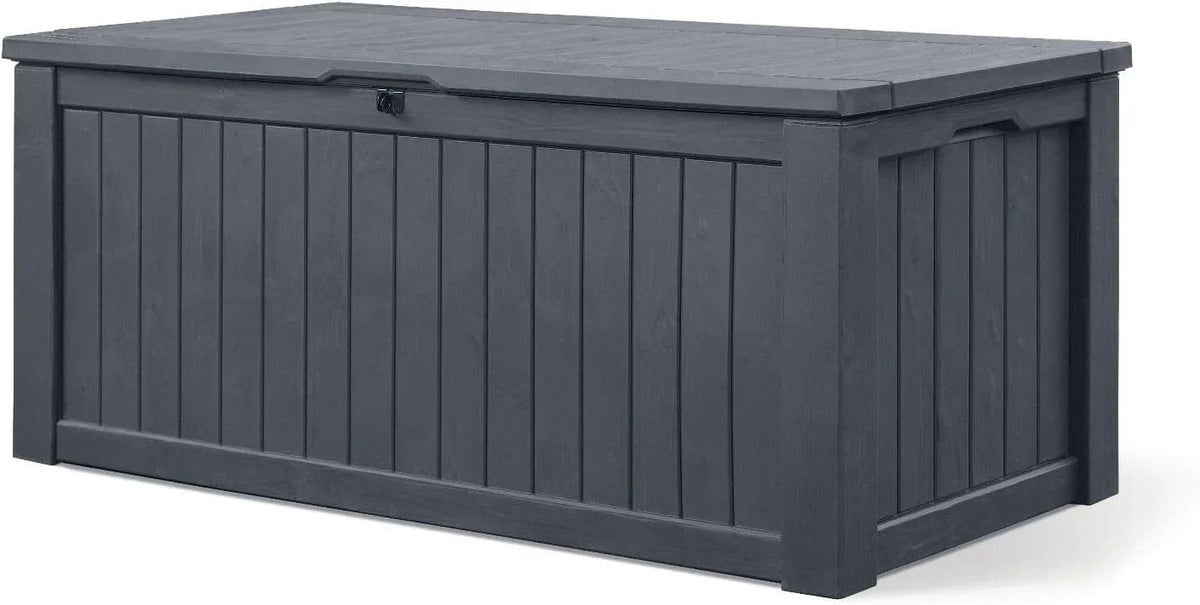 Caja de almacenamiento para jardín de 570 litros, arcón para cojines con ventilación, aspecto de madera, resistente a la intemperie y con pistón de gas