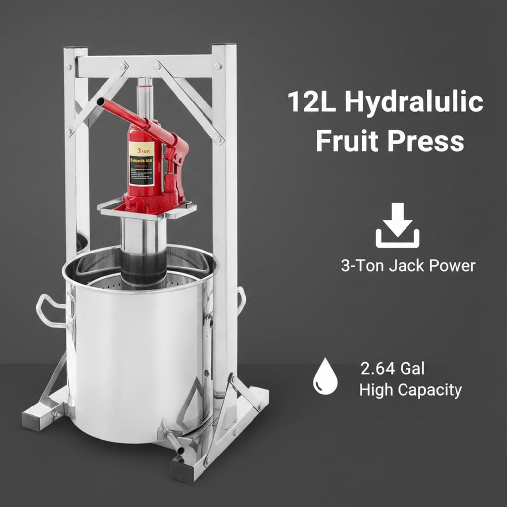 Prensa hidráulica para frutas de 12 L, prensa de acero inoxidable 304 con gato hidráulico de 3 T, exprimidor manual, cubo de filtro interior, prensa para vino, prensa para sidra, ideal para vino, mosto y zumos de frutas