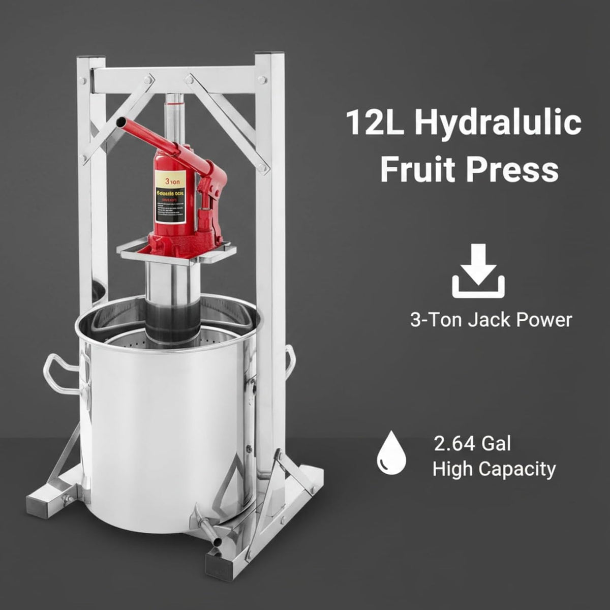 Prensa hidráulica para frutas de 12 L, prensa de acero inoxidable 304 con gato hidráulico de 3 T, exprimidor manual, cubo de filtro interior, prensa para vino, prensa para sidra, ideal para vino, mosto y zumos de frutas