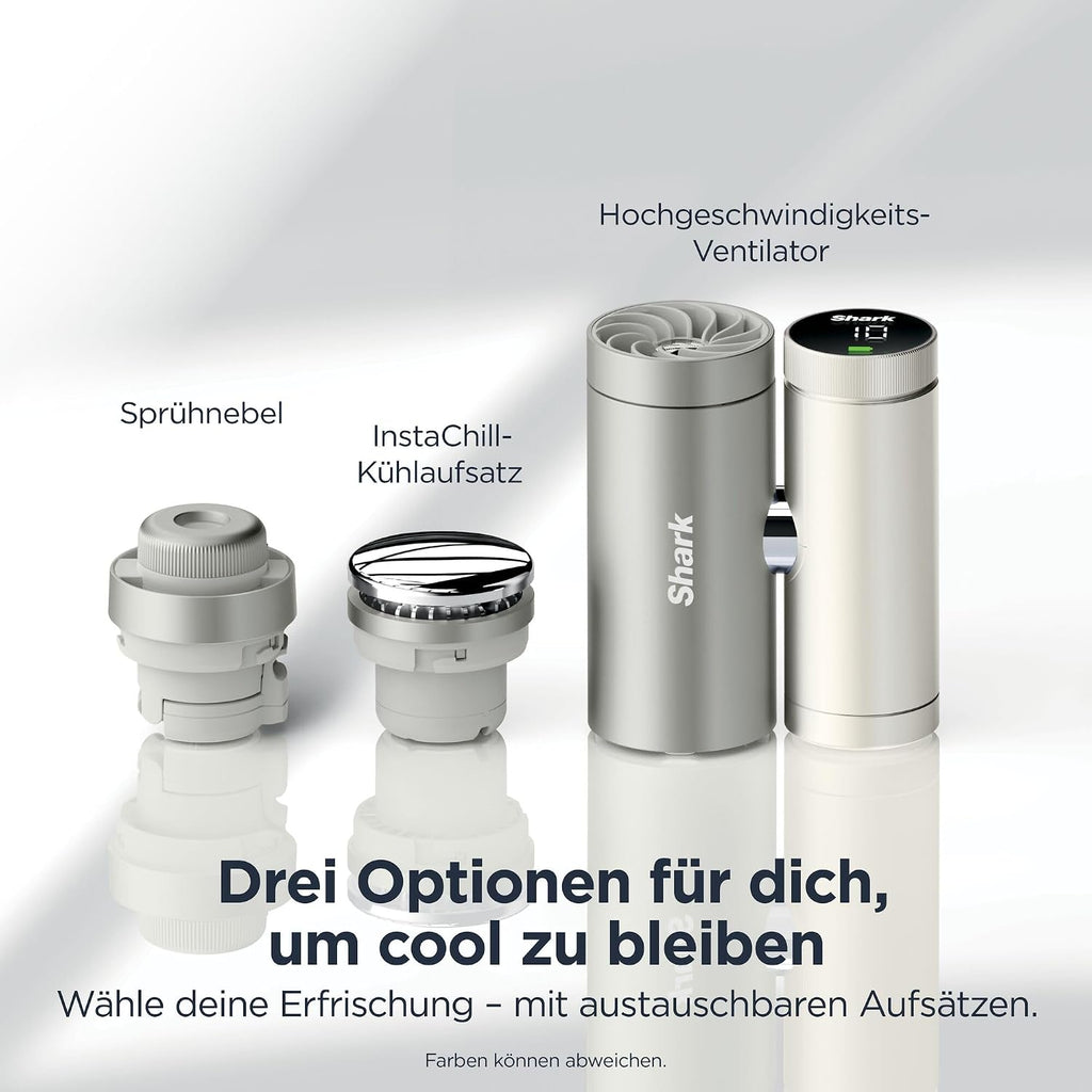Paquete de ventilador de mano de alta velocidad 3 en 1 Shark ChillPill con nebulizador y sistema InstaChill, incluye estuche de viaje, 3 accesorios de enfriamiento y diseño apto para viajes, Cloud FA021EU