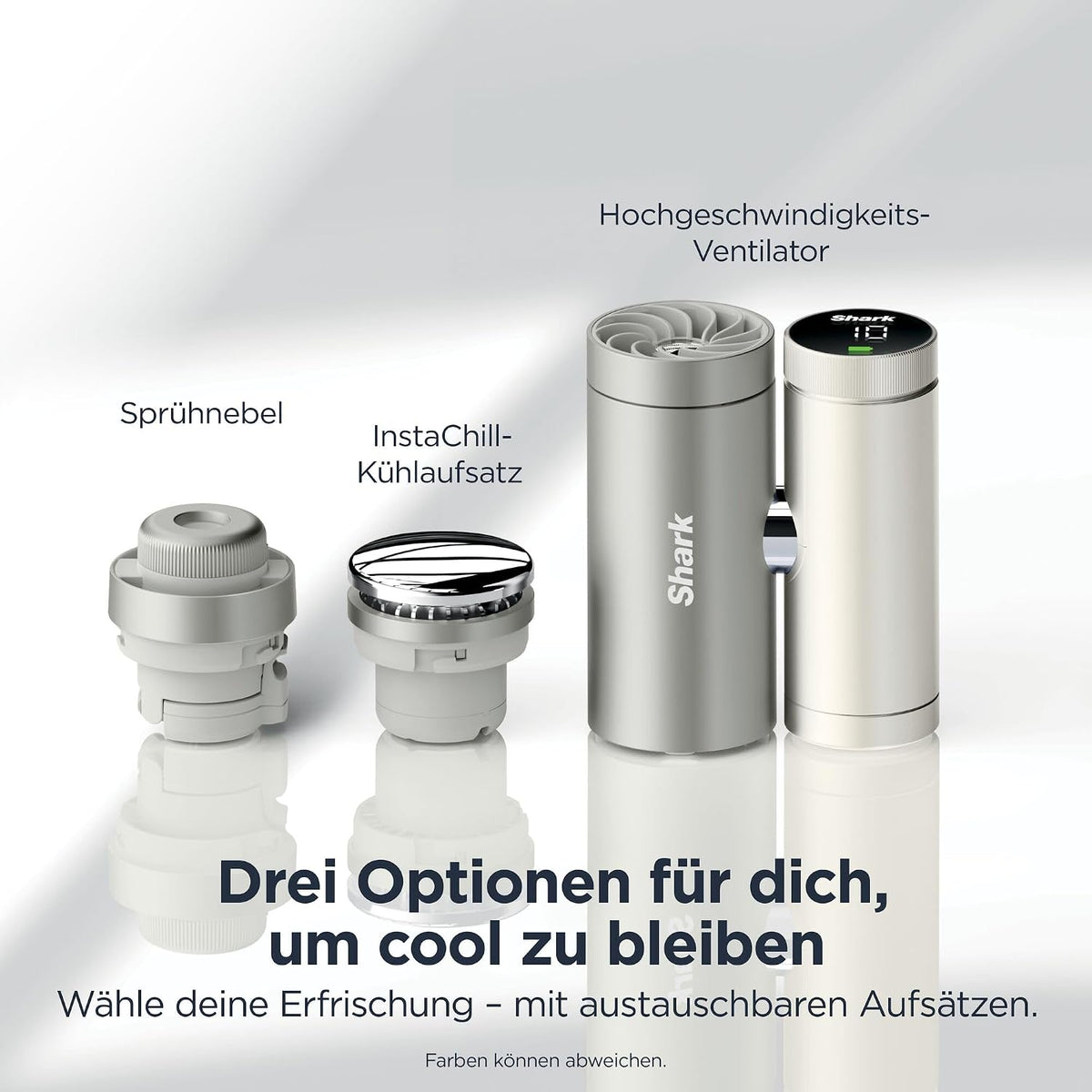 Paquete de ventilador de mano de alta velocidad 3 en 1 Shark ChillPill con nebulizador y sistema InstaChill, incluye estuche de viaje, 3 accesorios de enfriamiento y diseño apto para viajes, Cloud FA021EU