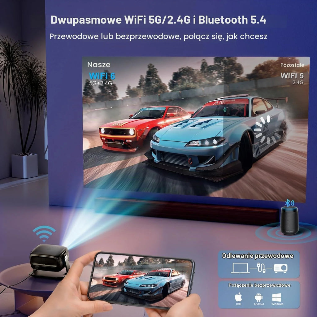 Beamer 4K Android 14.0, 30000 Lumen Projektor Kinowy, Automatyczne Ustawianie Ostrości i Korekcja Trapezu, Bluetooth 5.4 i WiFi 6, Rozmiar Projekcji 30–220 Cali, Kompatybilny z iOS/Android/TV Stick