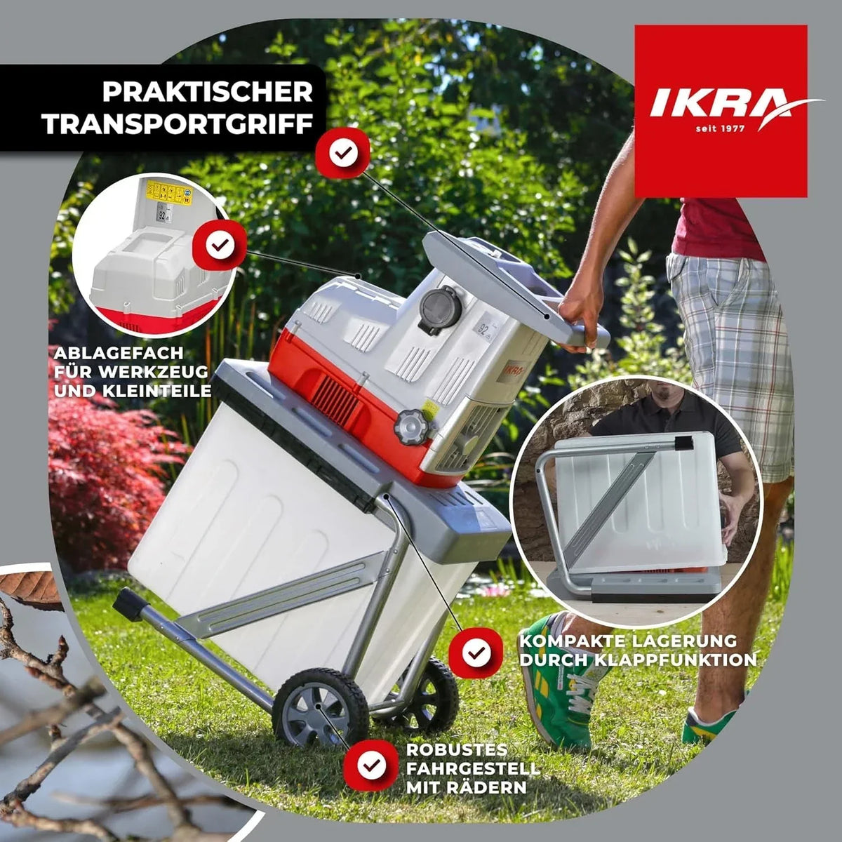 Trituradora de jardín de rodillo ILH 3000 A 3000 W, grosor de rama de 44 mm, sistema de corte silencioso, caja colectora de 60 L