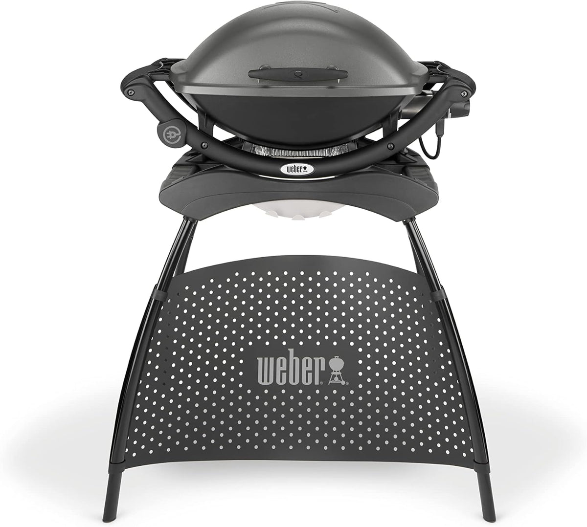 Barbacoa eléctrica Weber Q2400 con soporte y mesas laterales, superficie de cocción de 54 x 39 cm, portátil, parrilla de cocción de hierro fundido vitrificado dividida en 2 partes, tapa y cuerpo de aluminio fundido - Gris oscuro (55020879)