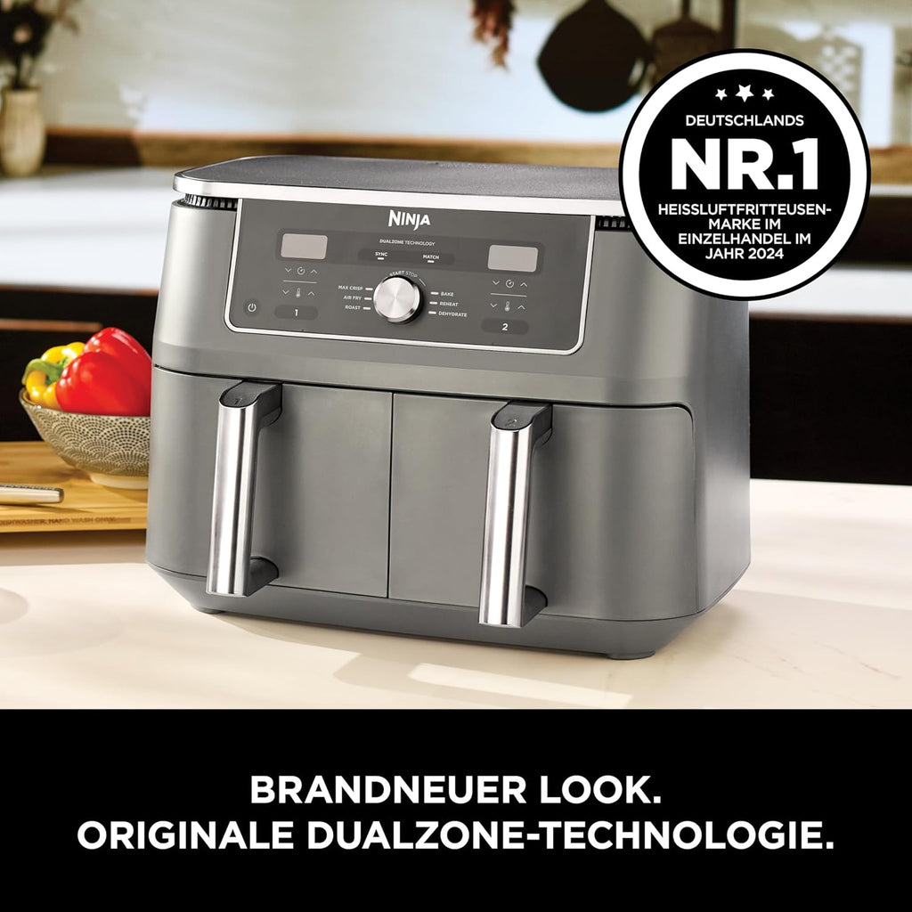 Freidora de aire digital de doble zona Ninja, 2 cajones, 6 en 1, 9,5 L, freír con aire, Max Crisp, asar, hornear, recalentar, cestas aptas para lavavajillas, gris metalizado DZ400EU