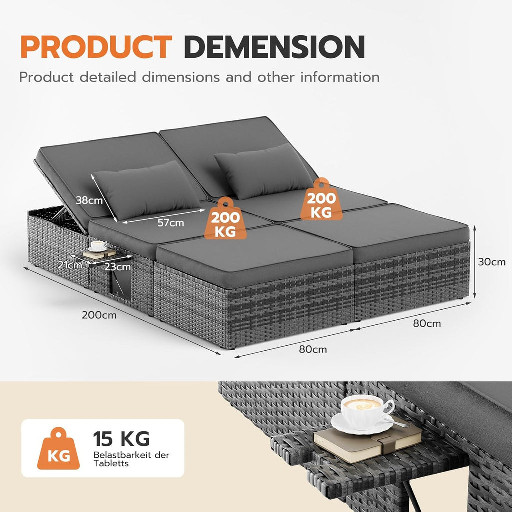 Tumbona doble Amopatio para 2 personas con mesa plegable, resistente a la intemperie, capacidad de carga de 200 kg, 200x160x30 cm, tumbona de jardín XXL de ratán, chaise longue ajustable para jardín, balcón y terraza, gris