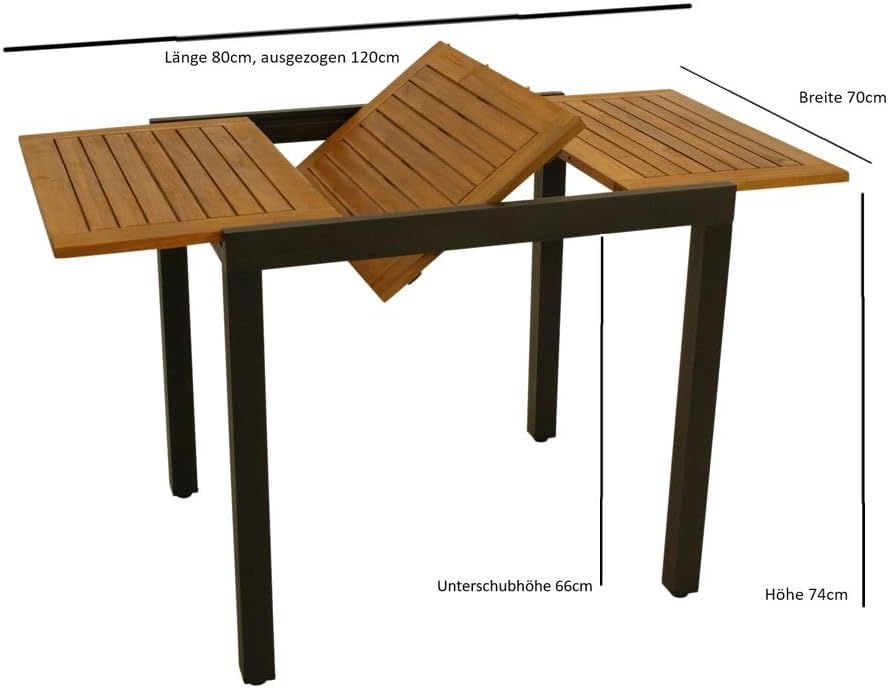Mesa de jardín/balcón DEGAMO Vicenza de madera de acacia y aluminio, extensible 80/120x70cm, antracita, con certificación FSC