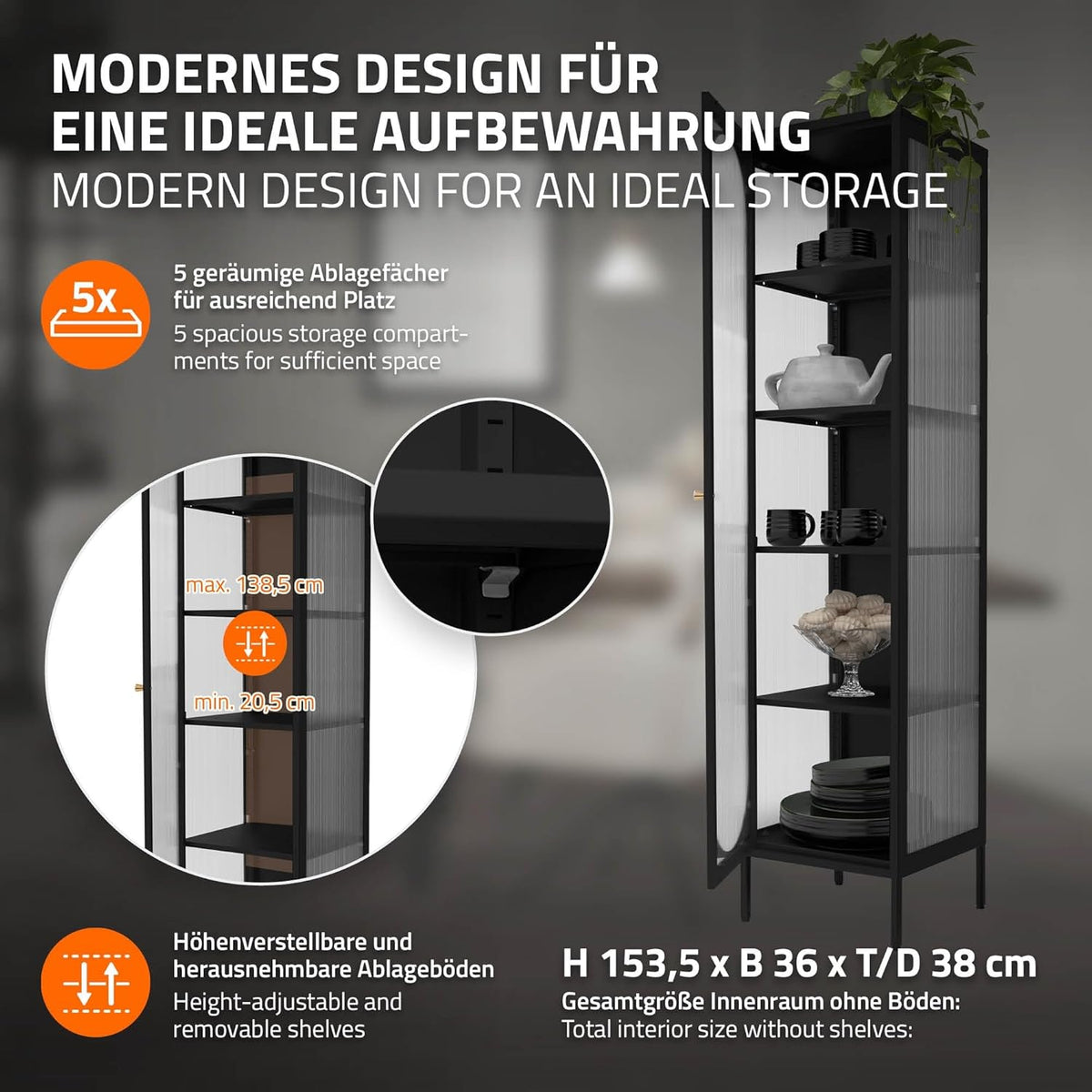 Vitrina ML-Design 42x175x40 cm, negra, vitrina estrecha con 5 estantes y 1 puerta, armario de metal y acero para salón, estilo industrial, armario alto, estantería para libros, archivador, armario de oficina