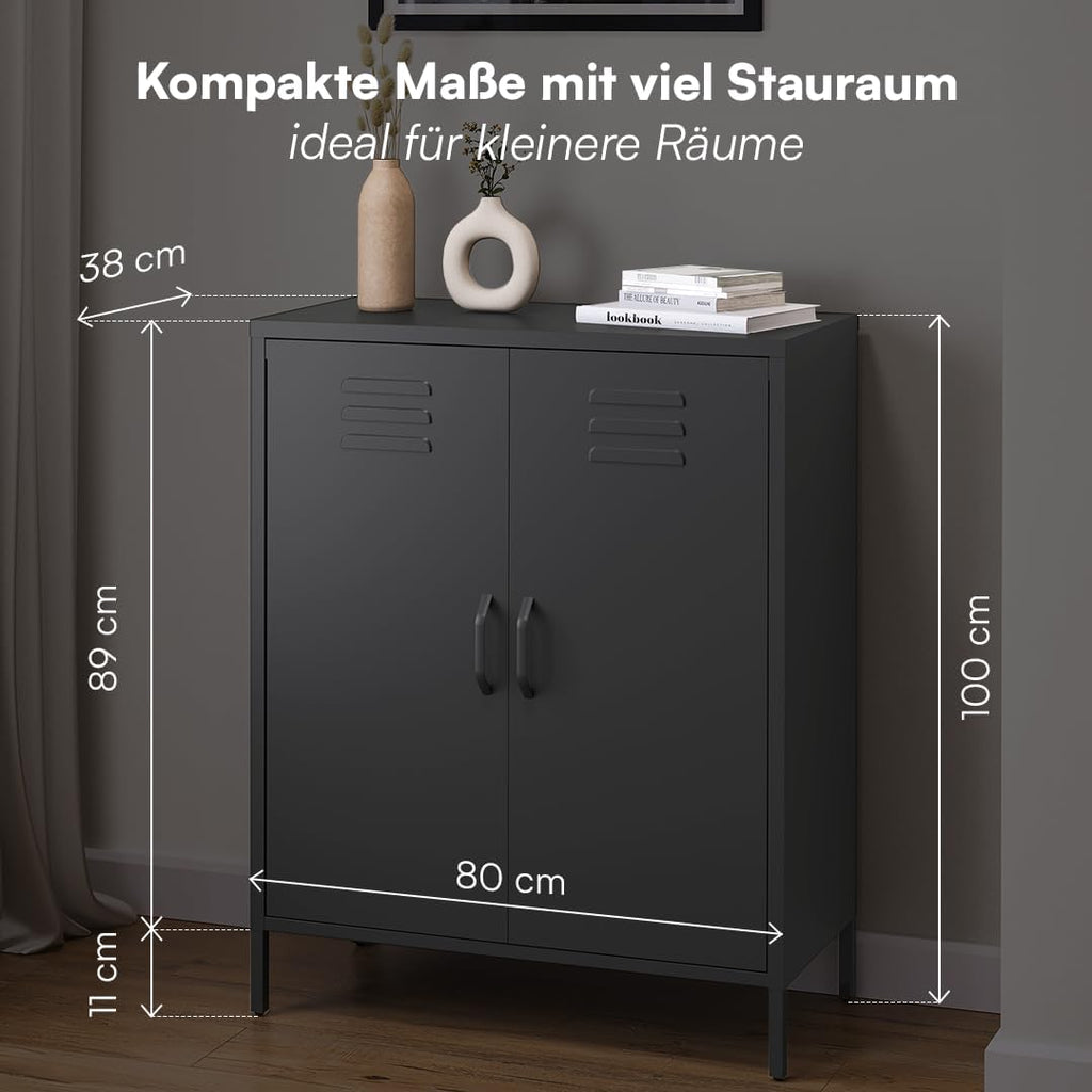 Cómoda de metal Atria de skølm – Aparador en negro – Armario metálico con 3 compartimentos y puertas dobles – Armario multiusos con estantes flexibles – Highboard estilo industrial – Armario de almacenaje/mueble recibidor